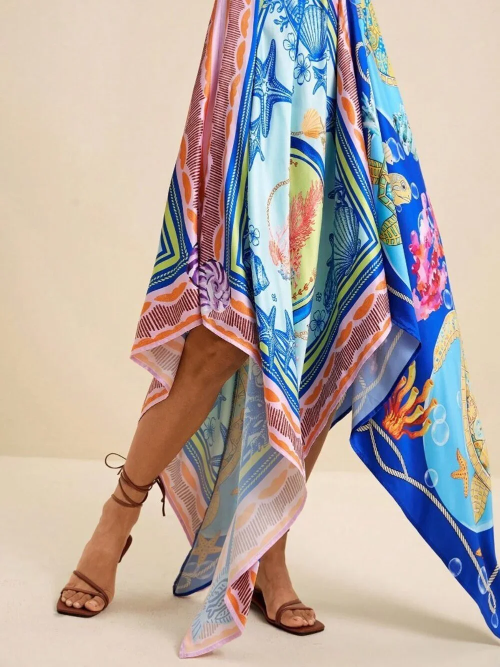 Multicolor Boho Women's V-Neck Spaghetti Strap Ocean Print Maxi Beach Dress_8